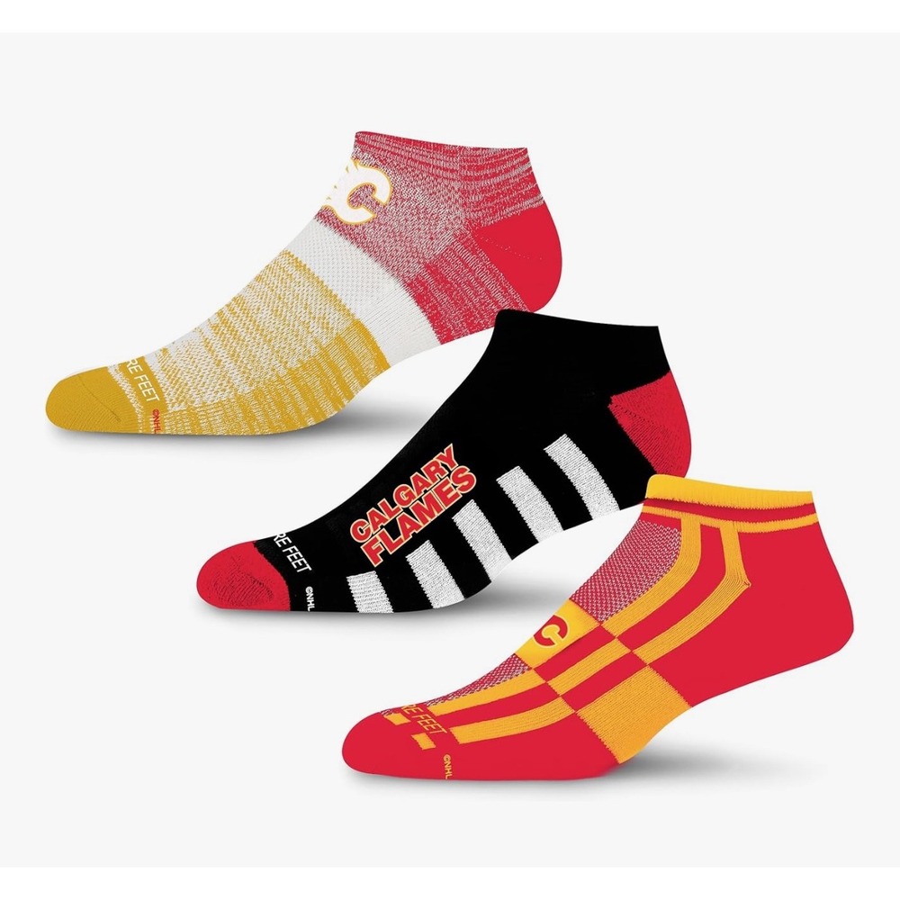 For Bare Feet Calgary Flames NHL 3 Pair Ankle SocksMens Large Red Yellow Black‎